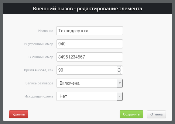 Параметры модуля "Внешний вызов"